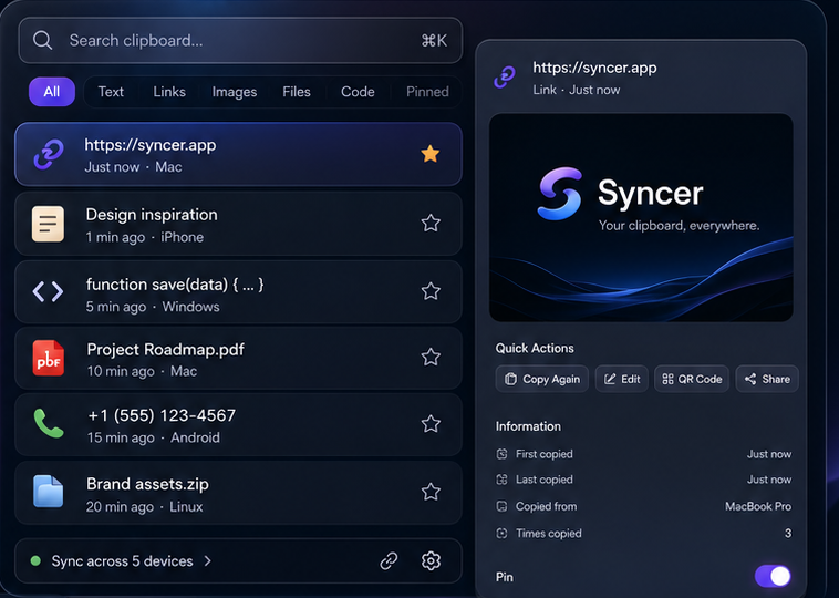 Syncer clipboard history: searchable list of copied items with type filters and a detail panel