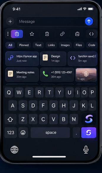 Syncer keyboard on iOS showing synced clipboard items inside a chat app